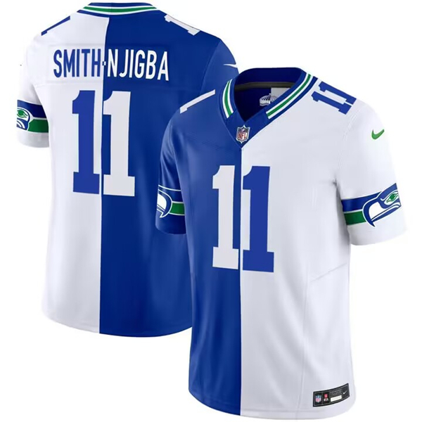 Men's Seattle Seahawks #11 Jaxon Smith-Njigba Royal/White Split Throwback Vapor Limited Stitched Football Jersey Men's Seattle Seahawks #11 Jaxon Smith-Njigba Royal/White Split Throwback Vapor Limited Stitched Football Jersey